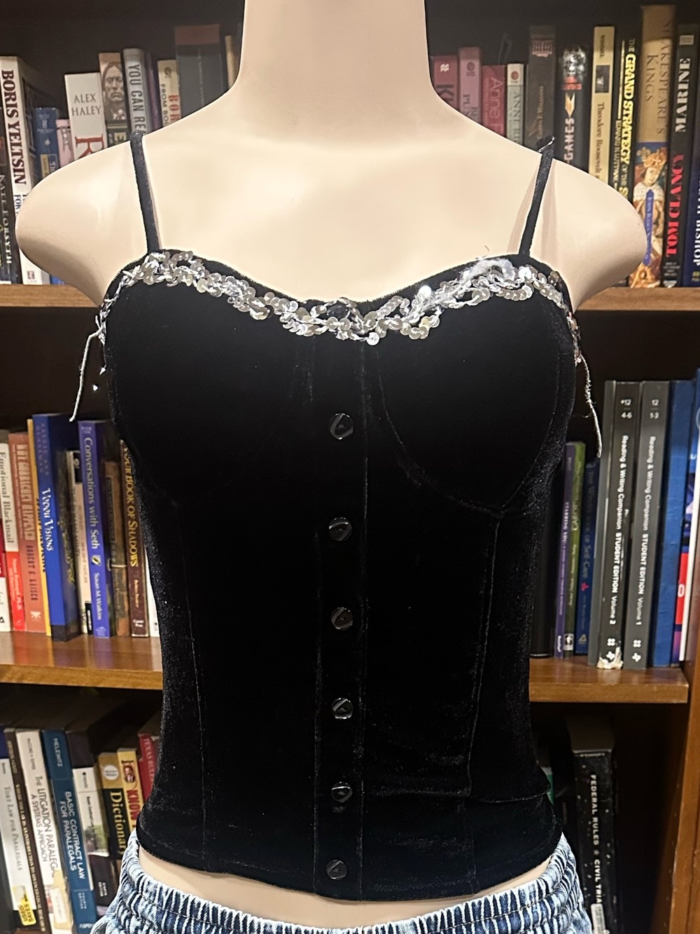 Wet Seal Black Velvet High-Waist Corset Tank with Silver Sequin Trim